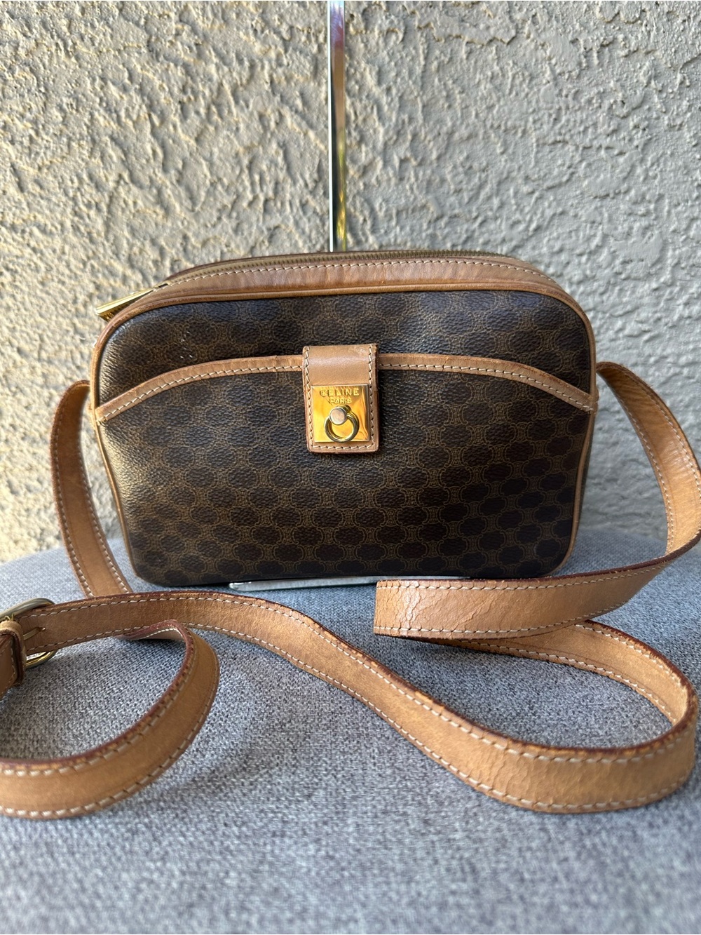 CELINE  Brown Monogram Crossbody with Tan Leather Trim and Gold Hardware